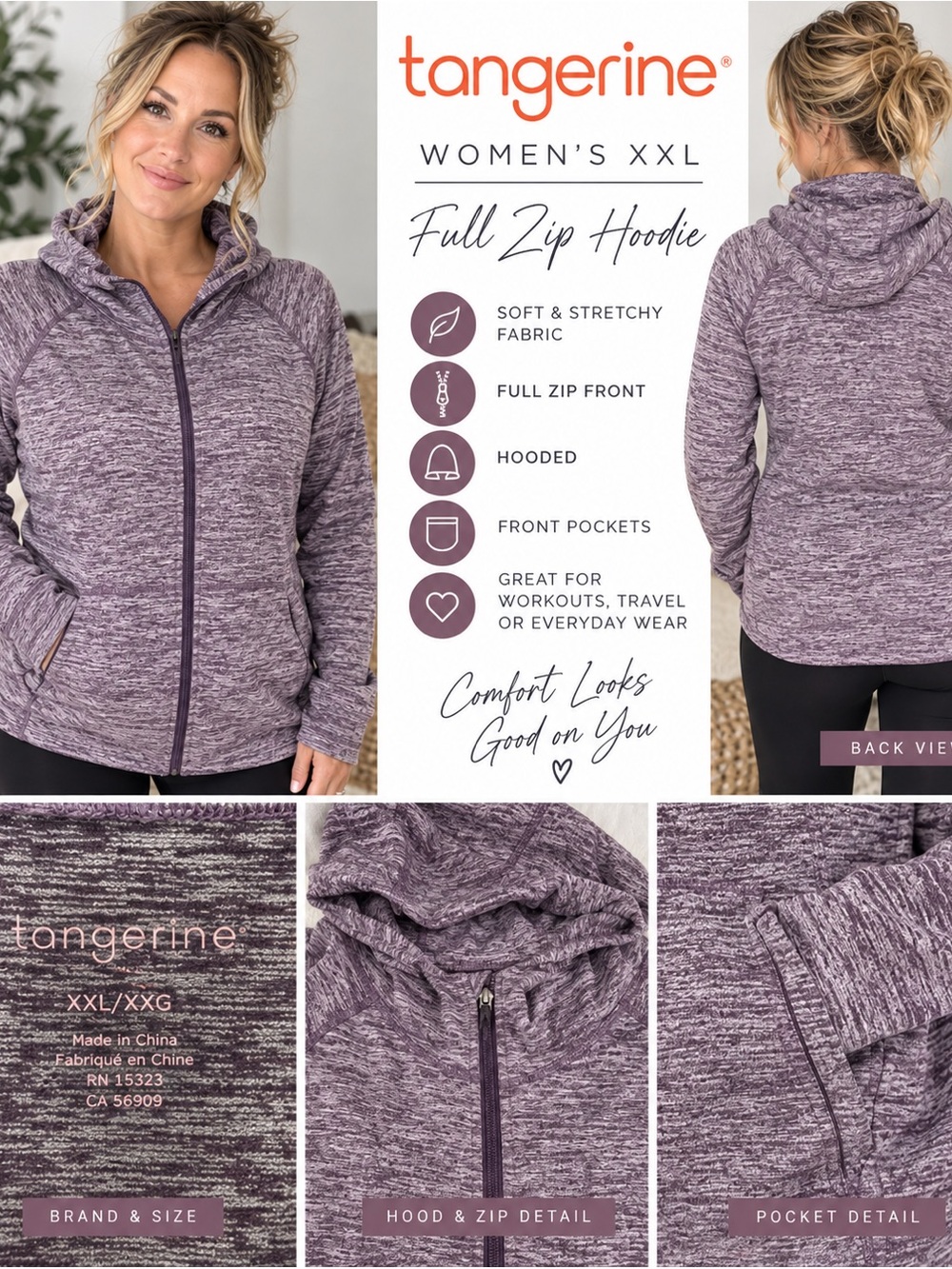Tangerine Women’s XXL Purple Heather Full Zip Hooded Jacket